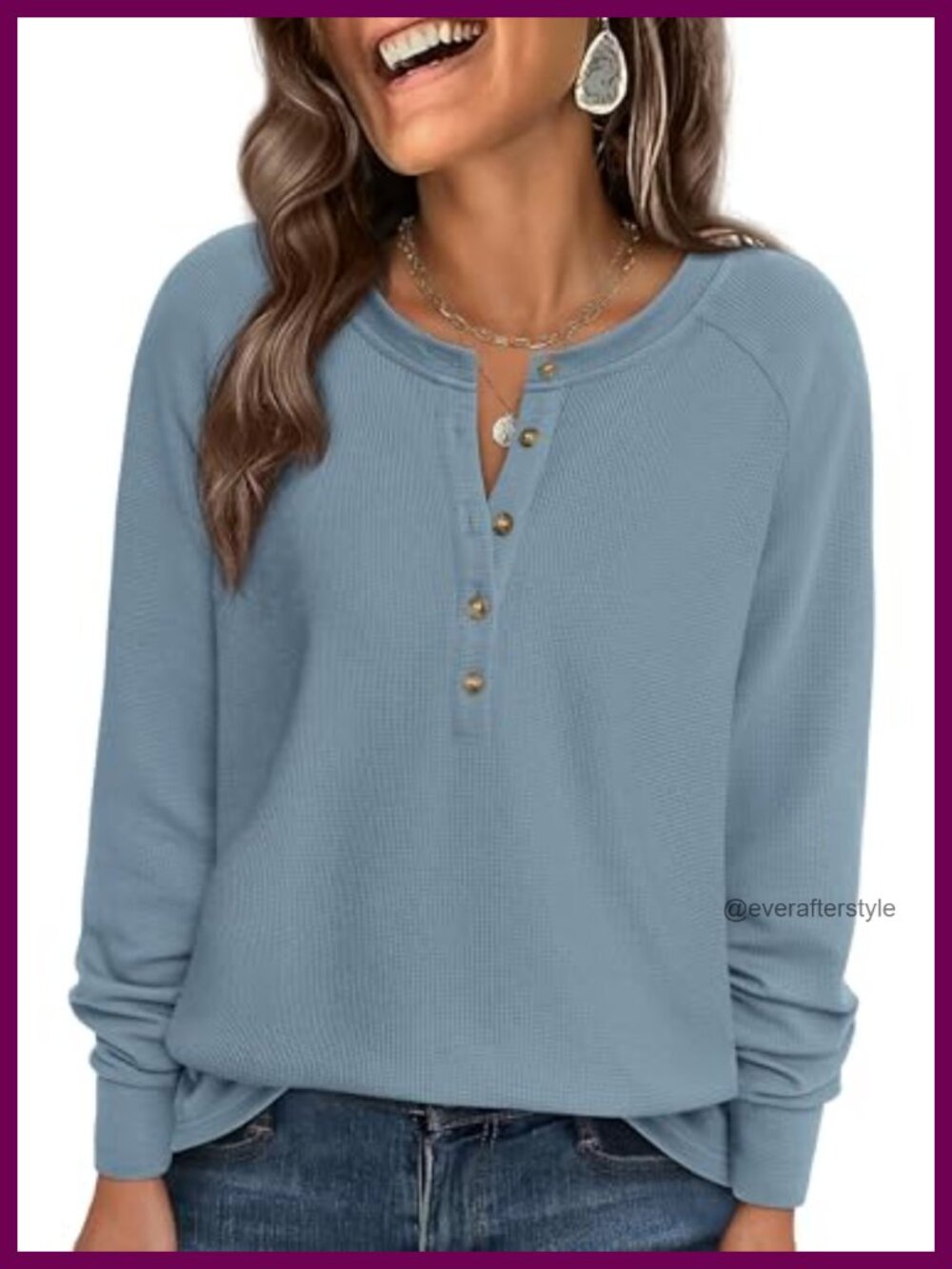 Waffle Knit Long Sleeve Henley Tunic Top Relaxed Fit Raglan